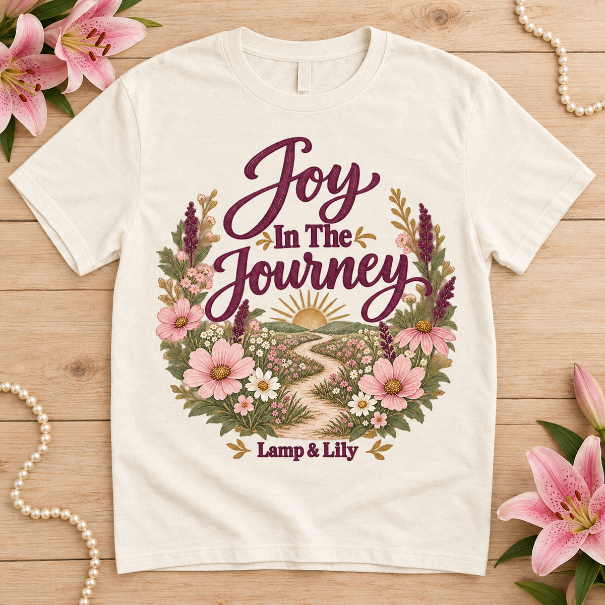 Joy in the Journey Lamp & Lily tee with a floral faith design, inspired by Nehemiah 8:10