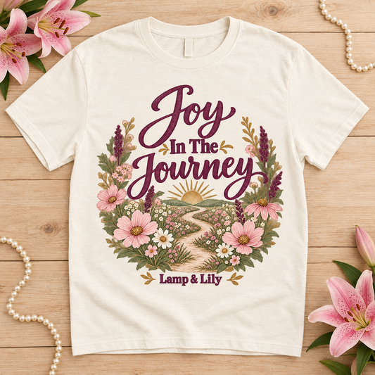 Joy in the Journey Lamp & Lily tee with a floral faith design, inspired by Nehemiah 8:10