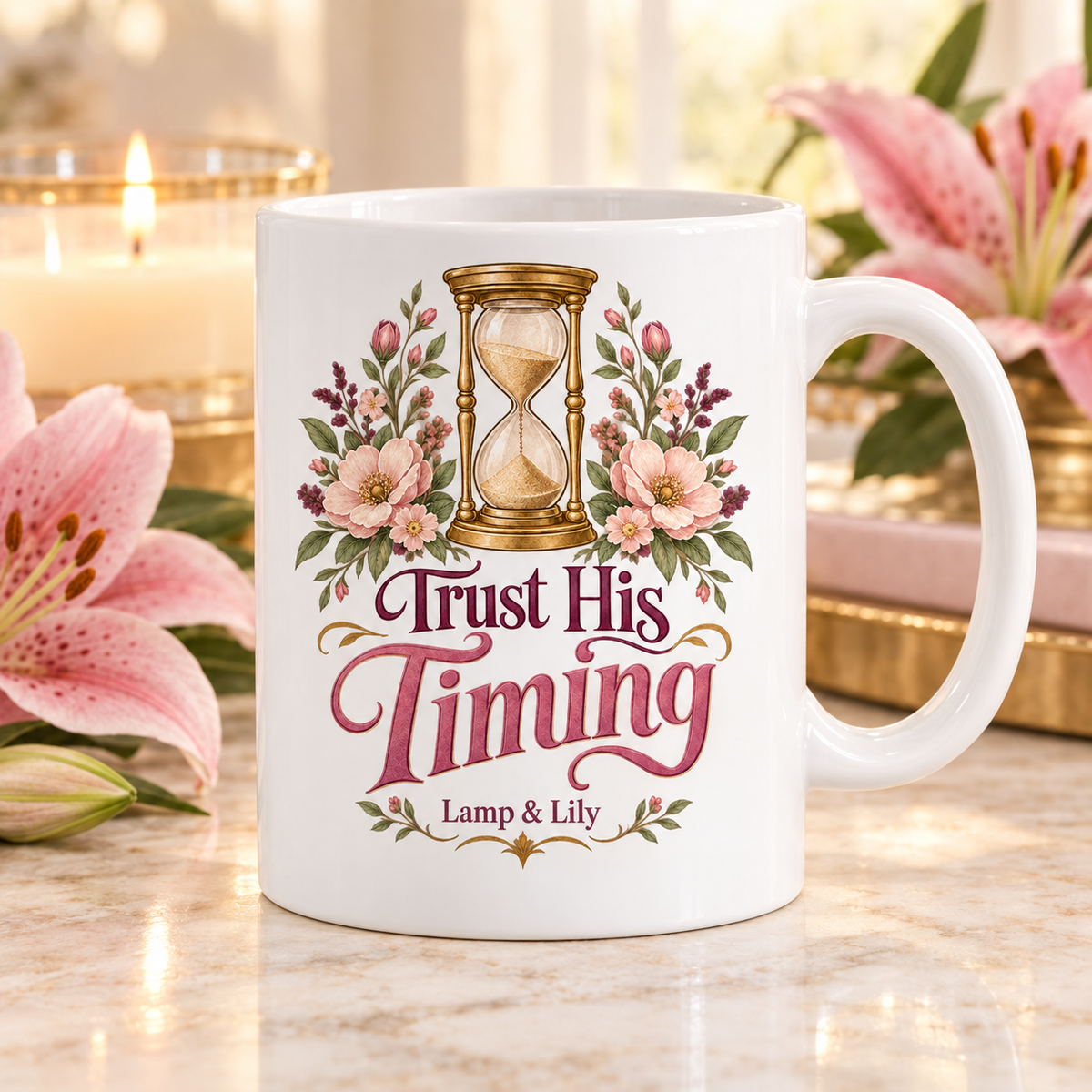 Trust His Timing Lamp & Lily mug with a floral faith design, inspired by Ecclesiastes 3:11