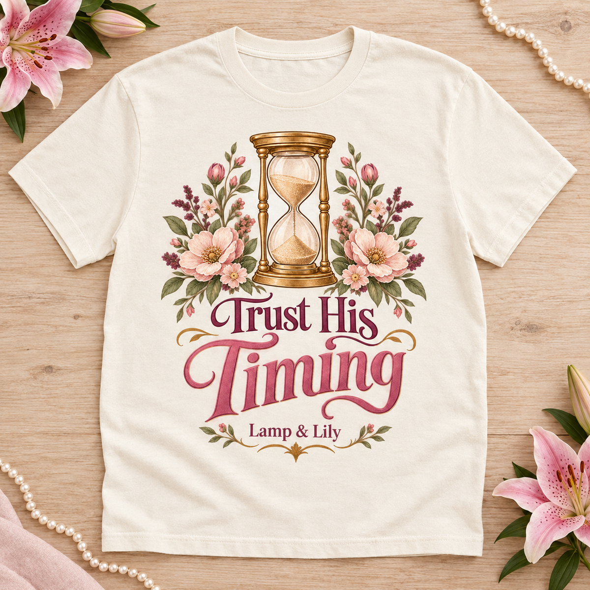 Trust His Timing Lamp & Lily tee with a floral faith design, inspired by Ecclesiastes 3:11