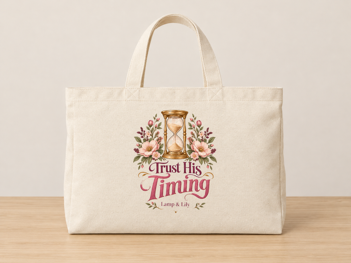 Trust His Timing cream canvas tote, Lamp and Lily Day 14