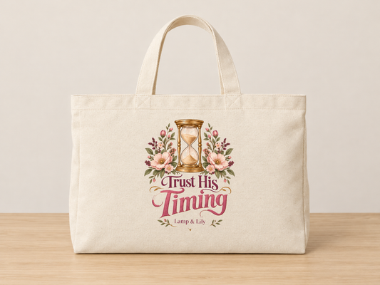 Trust His Timing cream canvas tote, Lamp and Lily Day 14