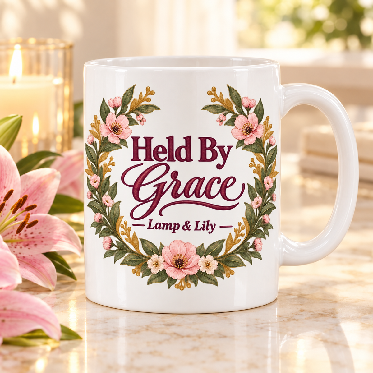 Held by Grace Lamp & Lily mug with a floral faith design, inspired by Psalm 73:23