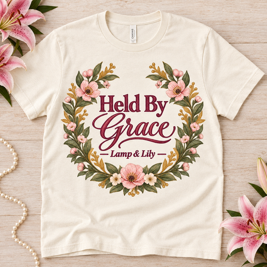 Held by Grace Lamp & Lily tee with a floral faith design, inspired by Psalm 73:23