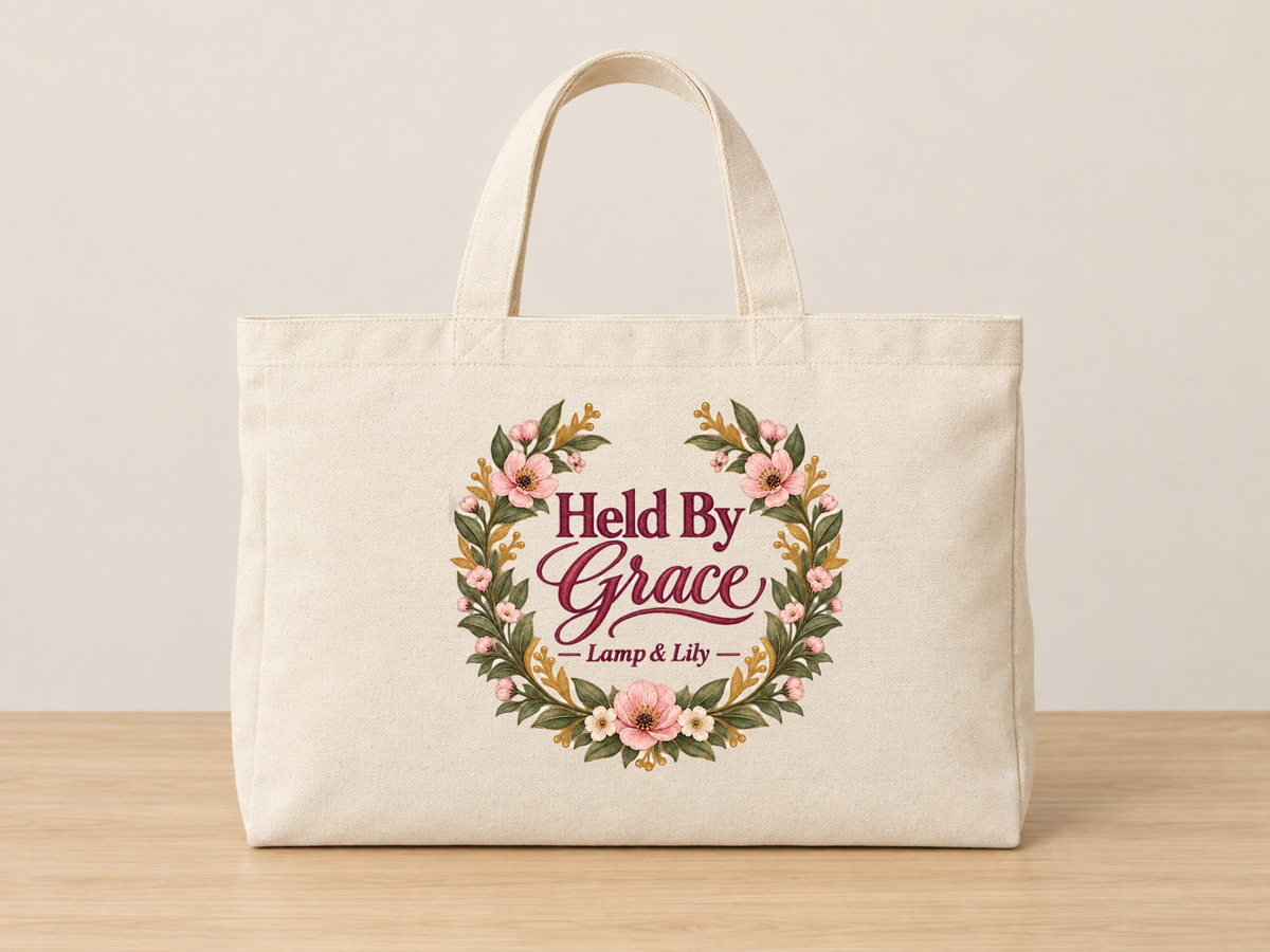 Held by Grace cream canvas tote, Lamp and Lily Day 15