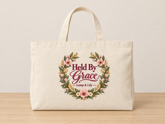 Held by Grace cream canvas tote, Lamp and Lily Day 15