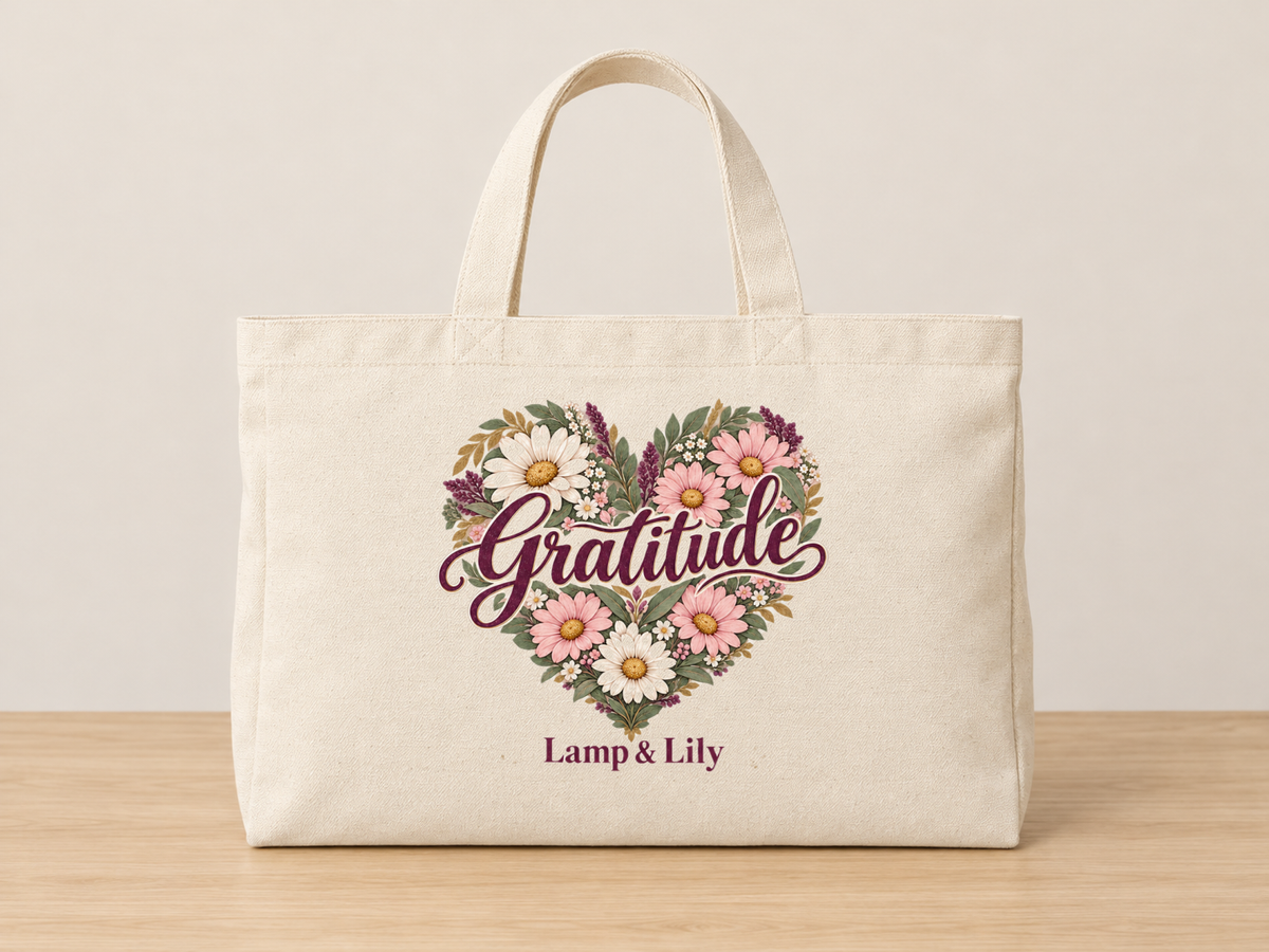 A Heart of Gratitude cream canvas tote, Lamp and Lily Day 16