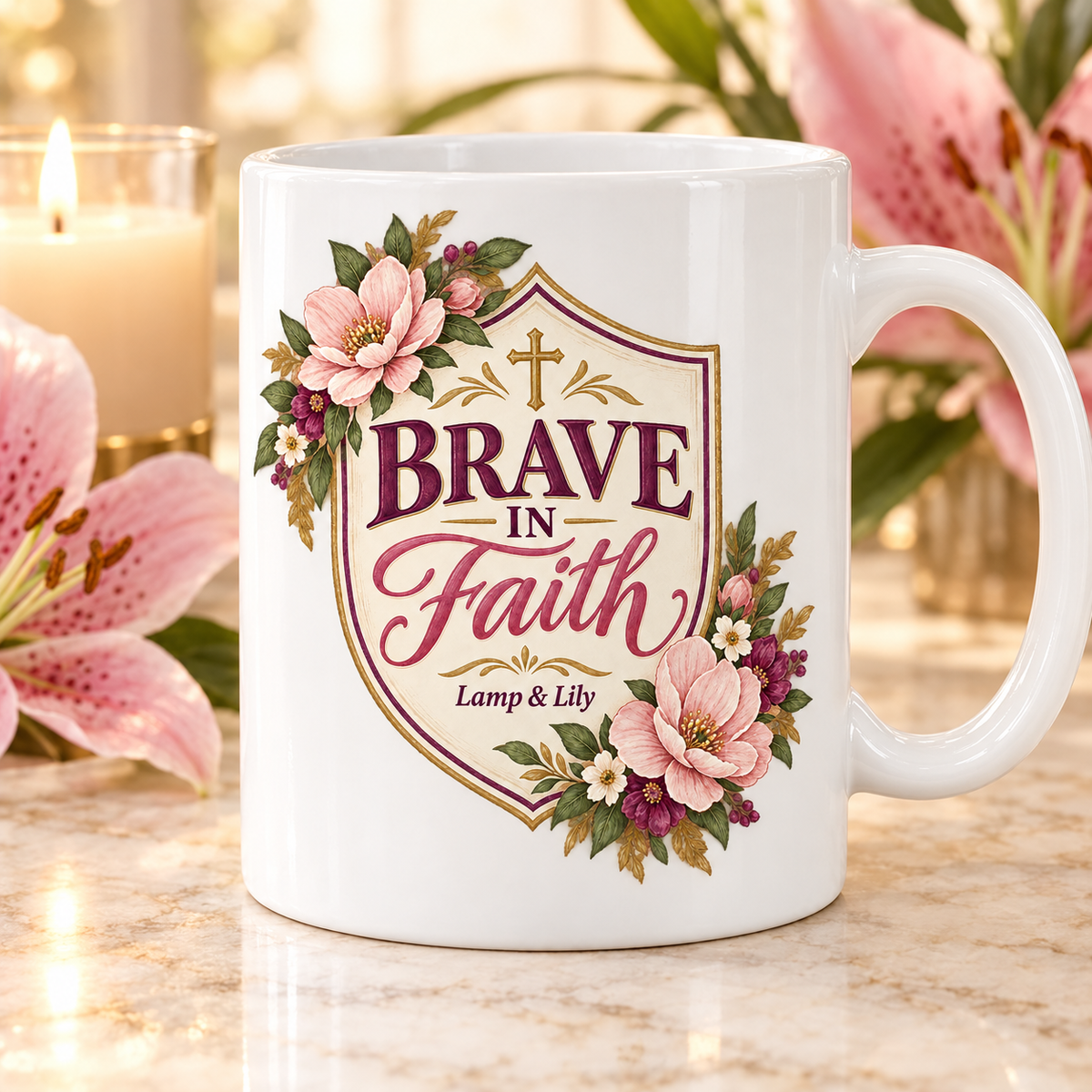 Brave in Faith Lamp & Lily coffee mug with a cream shield framed in pink flowers and a gold cross, inspired by Deuteronomy 31:6