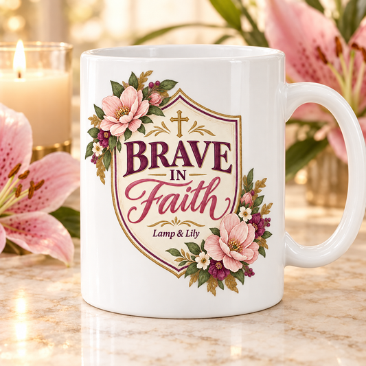 Brave in Faith Lamp & Lily coffee mug with a cream shield framed in pink flowers and a gold cross, inspired by Deuteronomy 31:6