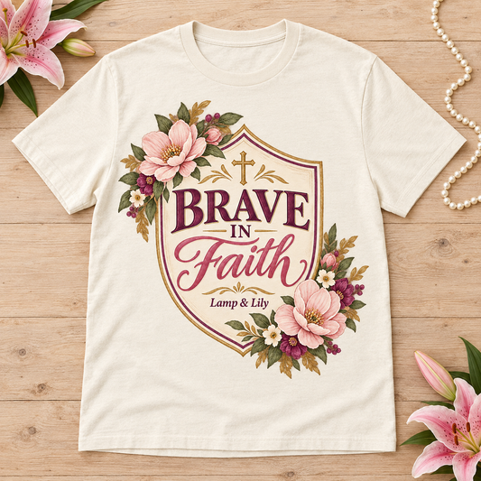 Brave in Faith Lamp & Lily tee with a floral faith design, inspired by Deuteronomy 31:6