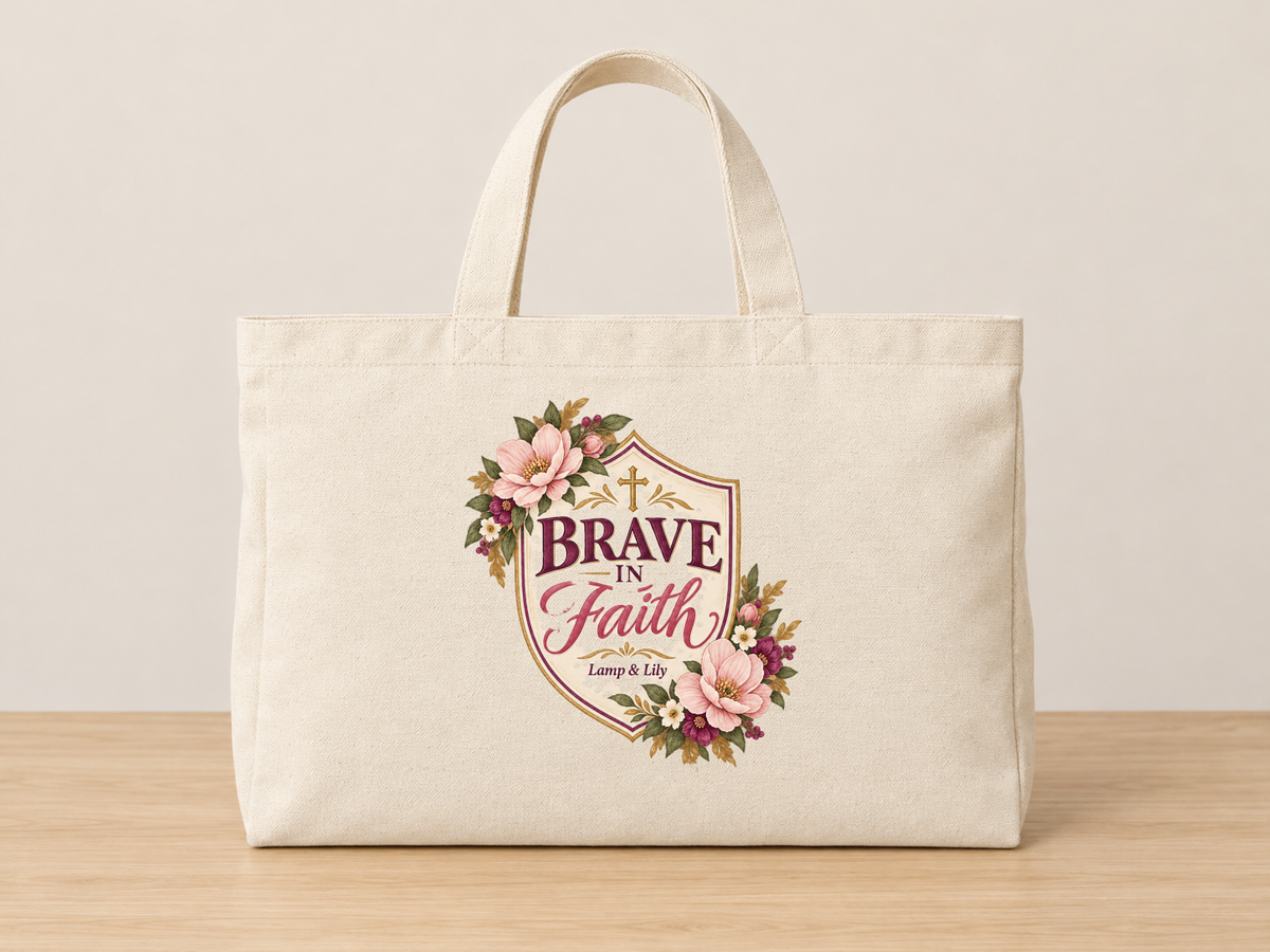 Brave in Faith cream canvas tote, Lamp and Lily Day 17