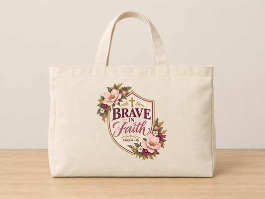 Brave in Faith cream canvas tote, Lamp and Lily Day 17