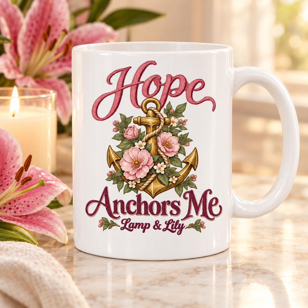 Hope Anchors Me Lamp & Lily coffee mug with a gold anchor wrapped in rope and pink roses, inspired by Hebrews 6:19