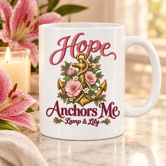 Hope Anchors Me Lamp & Lily coffee mug with a gold anchor wrapped in rope and pink roses, inspired by Hebrews 6:19