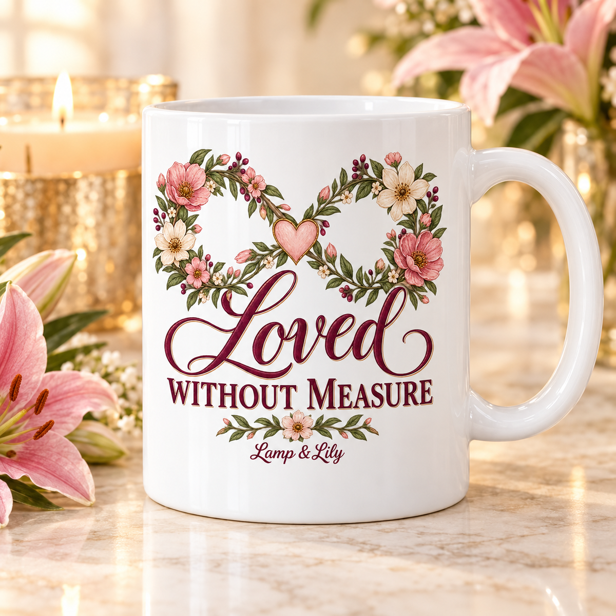 Loved without Measure Lamp & Lily mug with a floral faith design, inspired by Romans 5:8