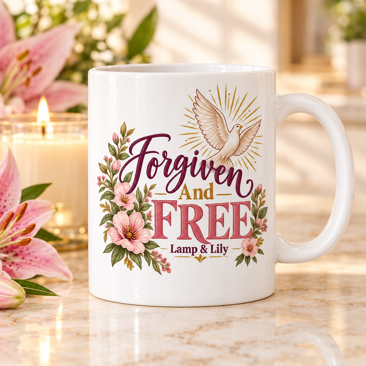 Forgiven and Free Lamp & Lily mug with a floral faith design, inspired by 1 John 1:9