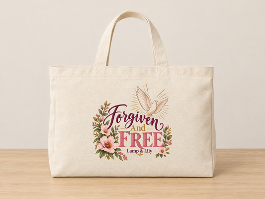 Forgiven and Free cream canvas tote, Lamp and Lily Day 21