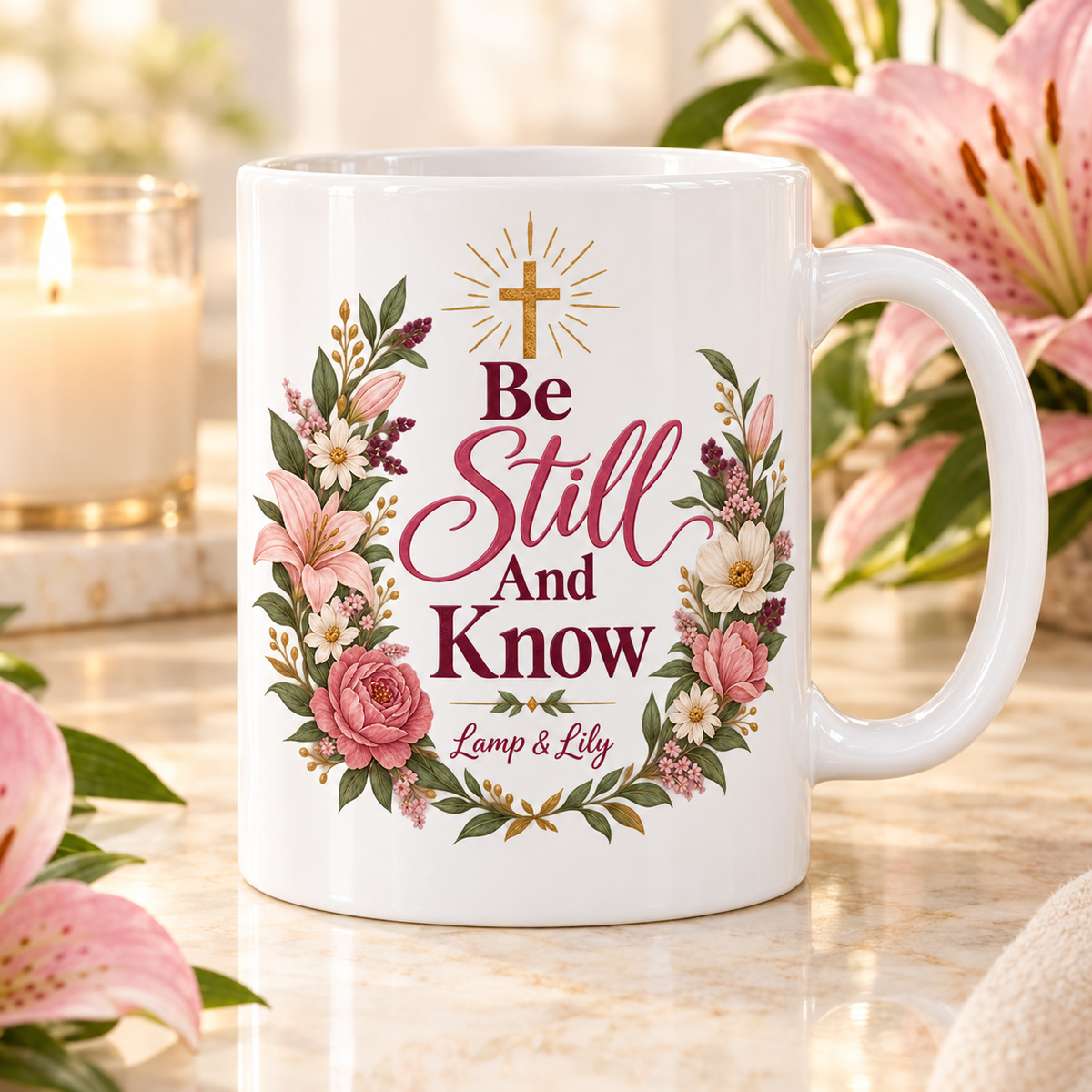 Be Still and Know Lamp & Lily mug with a floral faith design, inspired by Psalm 46:10