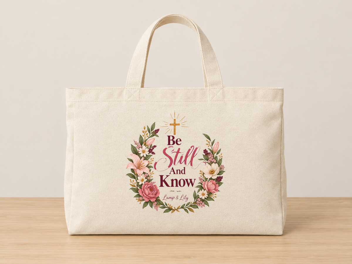 Be Still and Know cream canvas tote, Lamp and Lily Day 22