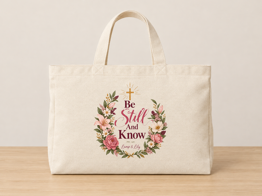 Be Still and Know cream canvas tote, Lamp and Lily Day 22