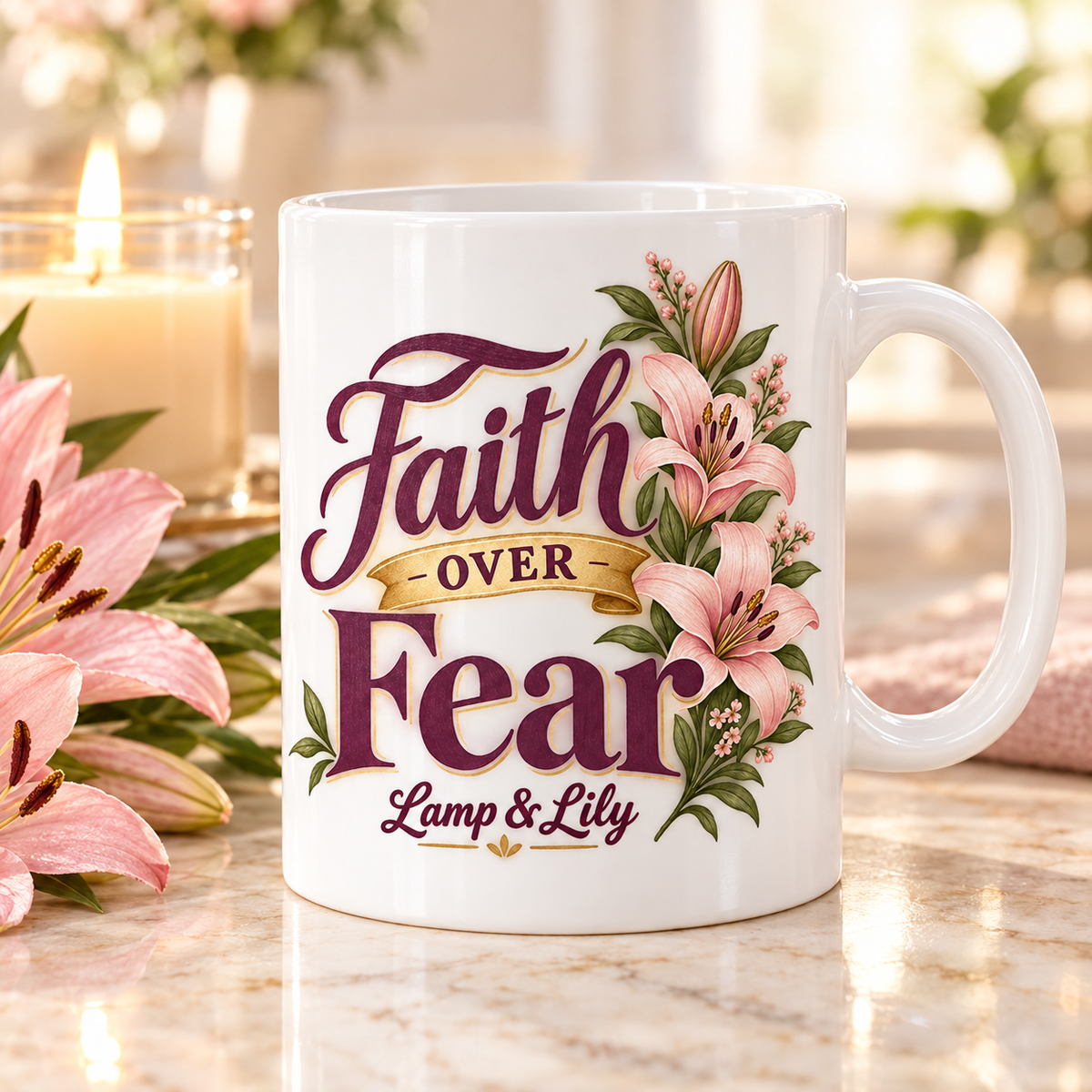 Faith over Fear Lamp & Lily mug with a floral faith design, inspired by Isaiah 41:10