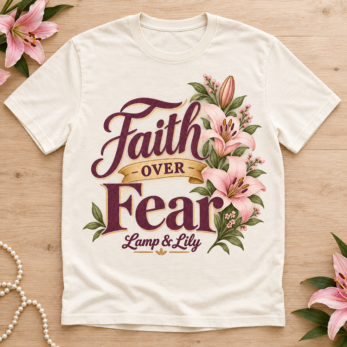 Faith over Fear Lamp & Lily tee with a floral faith design, inspired by Isaiah 41:10