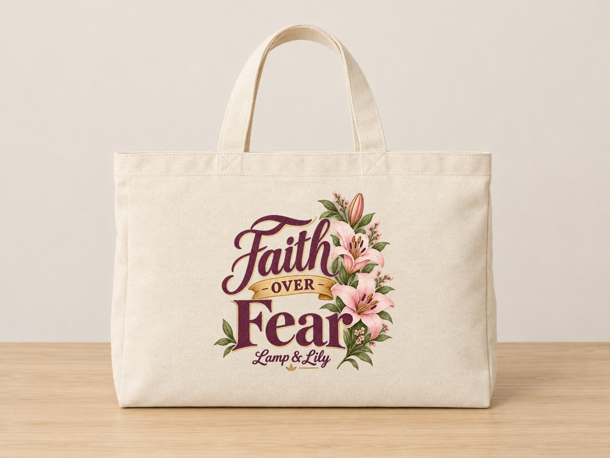 Faith over Fear cream canvas tote, Lamp and Lily Day 23