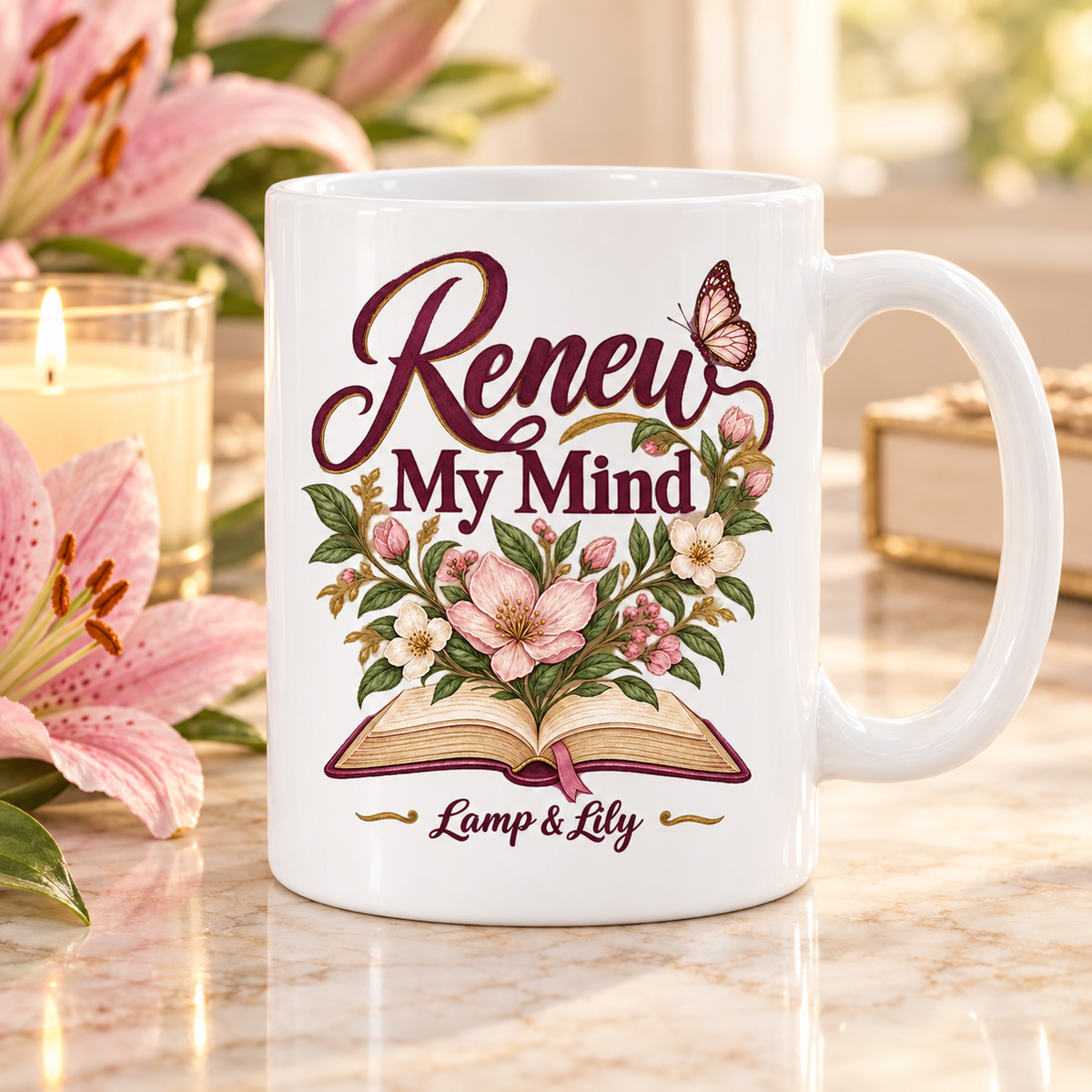 Renew my Mind Lamp & Lily mug with a floral faith design, inspired by Romans 12:2