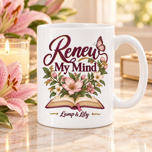 Renew my Mind Lamp & Lily mug with a floral faith design, inspired by Romans 12:2
