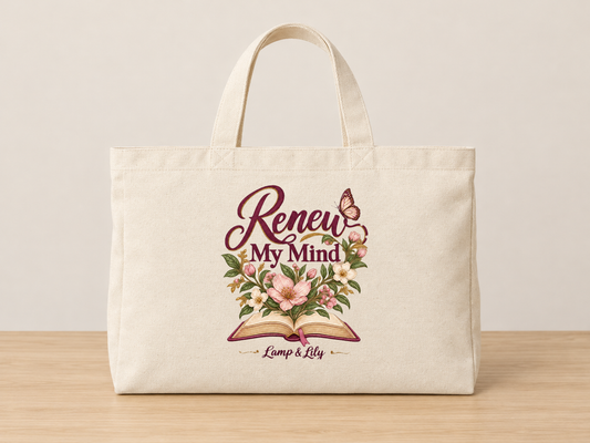 Renew my Mind cream canvas tote, Lamp and Lily Day 24