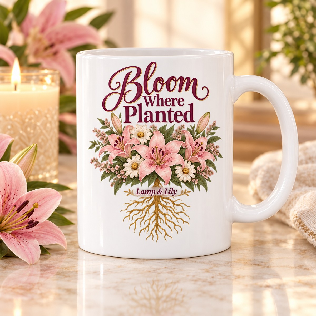 Bloom Where Planted Lamp & Lily mug with a floral faith design, inspired by Psalm 1:3