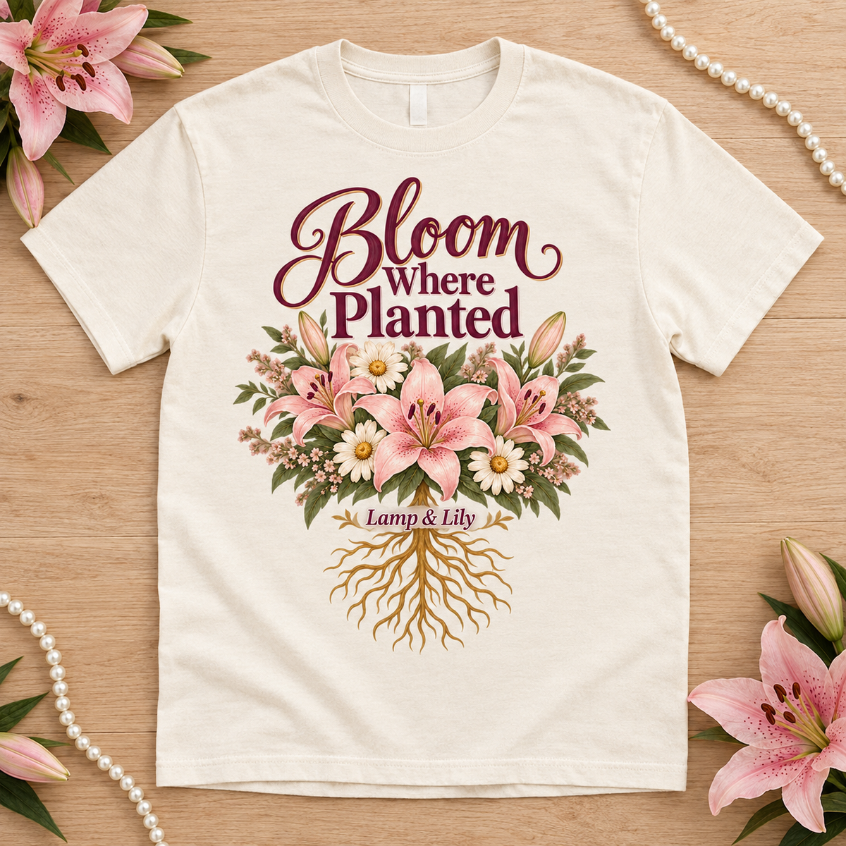 Bloom Where Planted Lamp & Lily tee with a floral faith design, inspired by Psalm 1:3