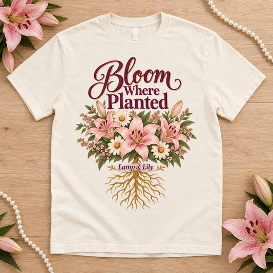 Bloom Where Planted Lamp & Lily tee with a floral faith design, inspired by Psalm 1:3