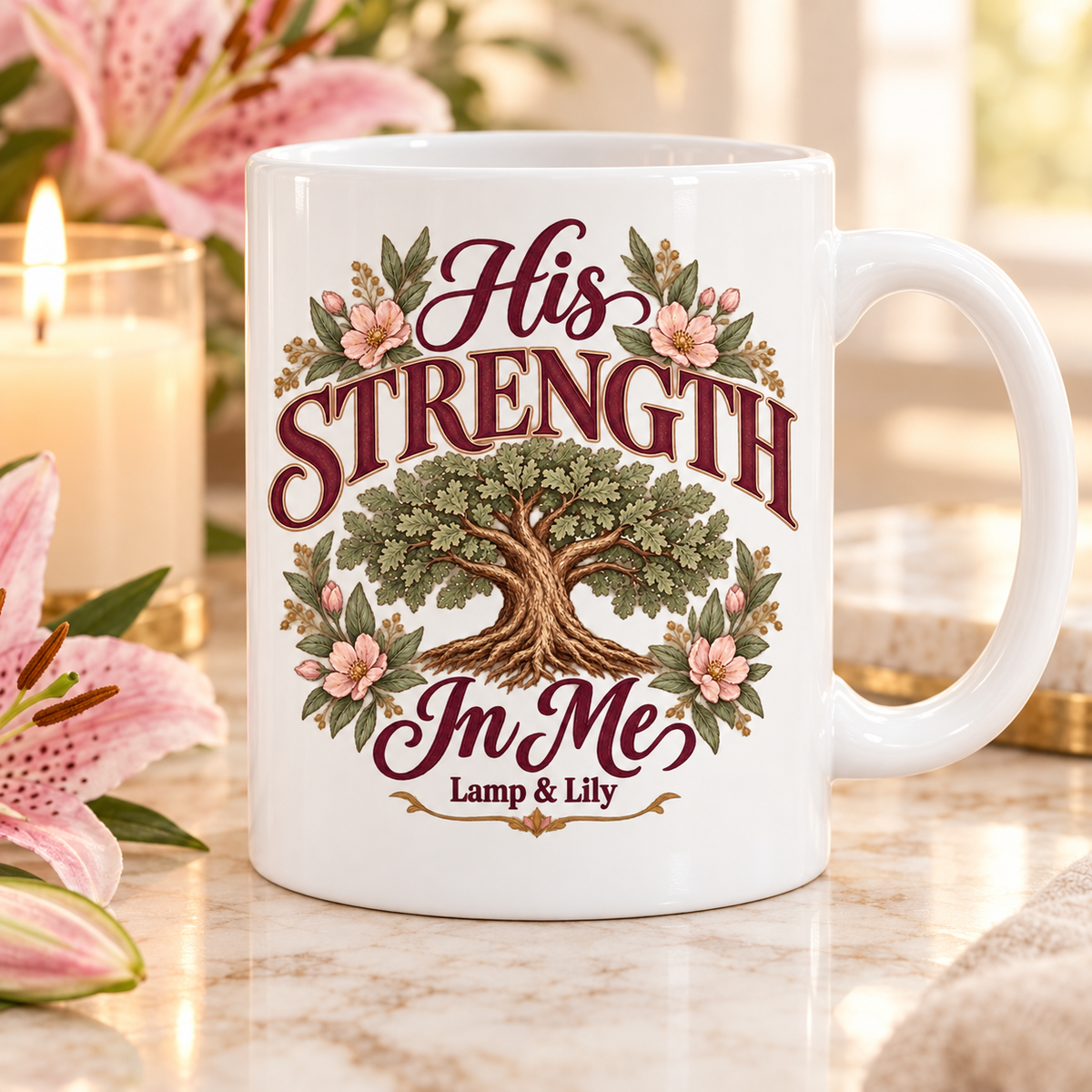 His Strength in Me Lamp & Lily mug with a floral faith design, inspired by Isaiah 40:31