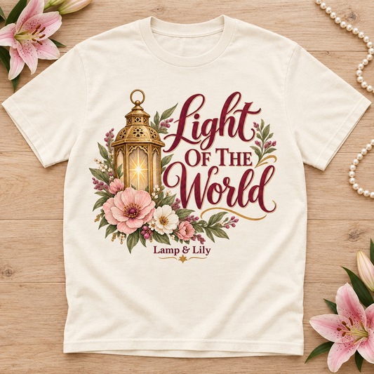 Light of the World Lamp & Lily tee with a floral faith design, inspired by John 8:12