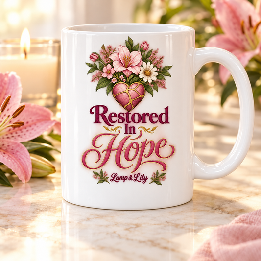 Restored in Hope Lamp & Lily mug with a floral faith design, inspired by 1 Peter 5:10