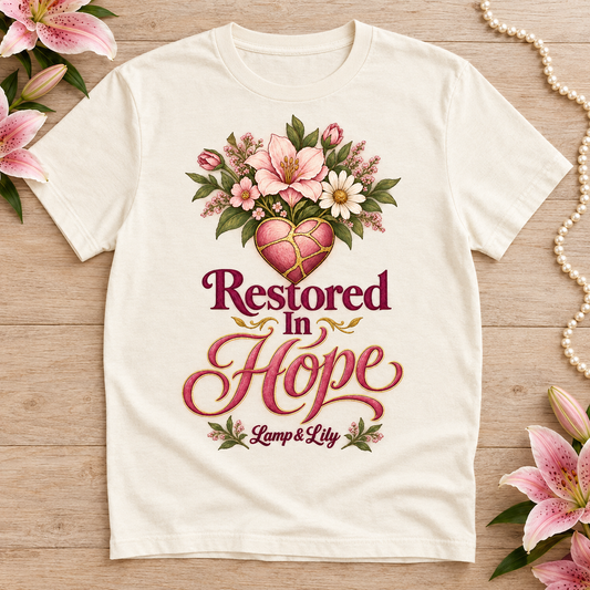 Restored in Hope Lamp & Lily tee with a floral faith design, inspired by 1 Peter 5:10