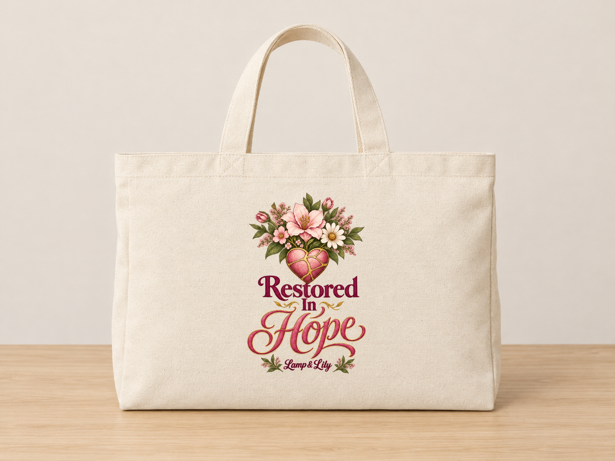 Restored in Hope cream canvas tote, Lamp and Lily Day 28