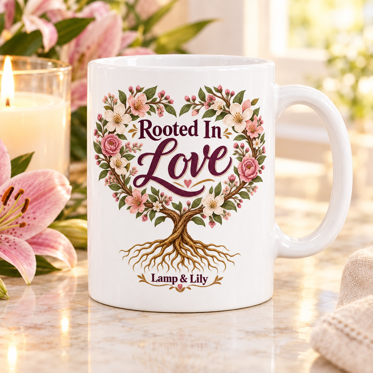 Rooted in Love Lamp & Lily mug with a floral faith design, inspired by Ephesians 3:17-18