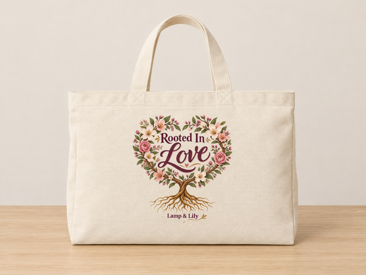 Rooted in Love cream canvas tote, Lamp and Lily Day 30