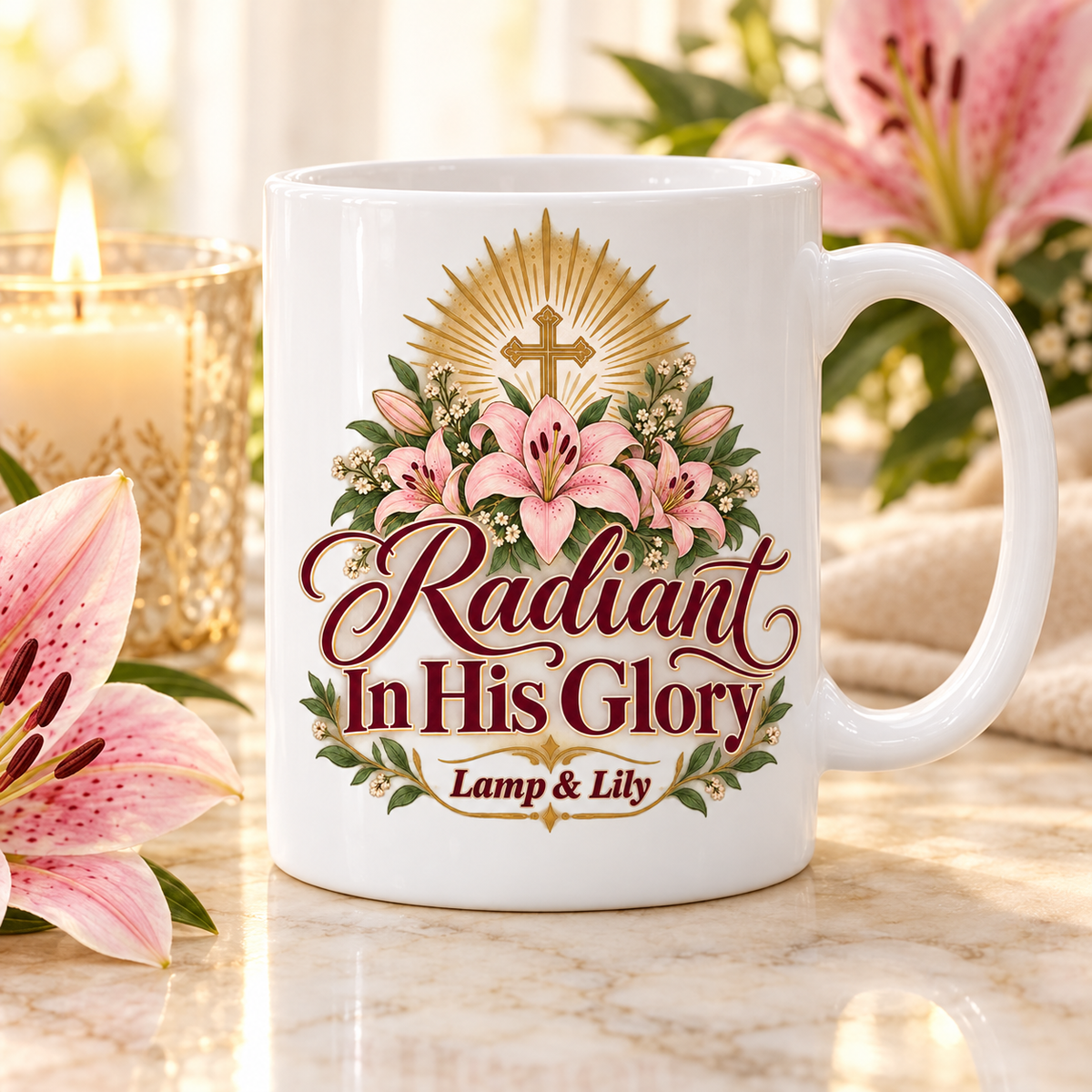 Radiant in His Glory Lamp & Lily mug with a floral faith design, inspired by Psalm 34:5