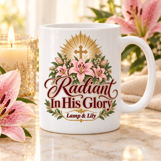 Radiant in His Glory Lamp & Lily mug with a floral faith design, inspired by Psalm 34:5