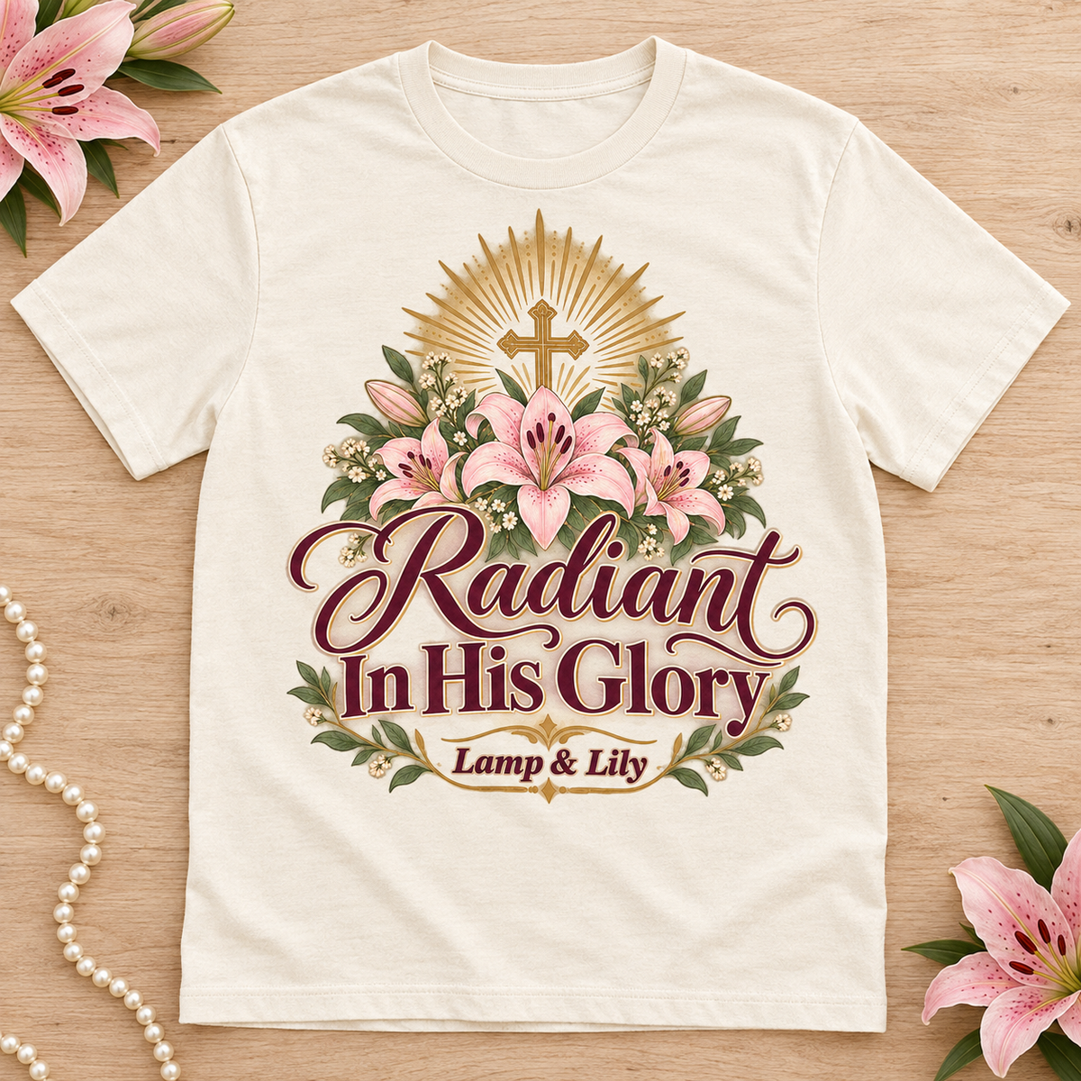 Radiant in His Glory Lamp & Lily tee with a floral faith design, inspired by Psalm 34:5
