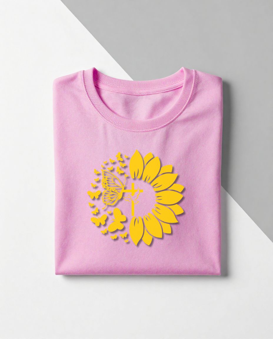 Sunflower with Butterfly and Cross Christian Graphic Tee – Faith T-Shirt | Kingdom Creations