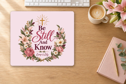 Be Still and Know mouse pad on a desk, Lamp and Lily Day 22