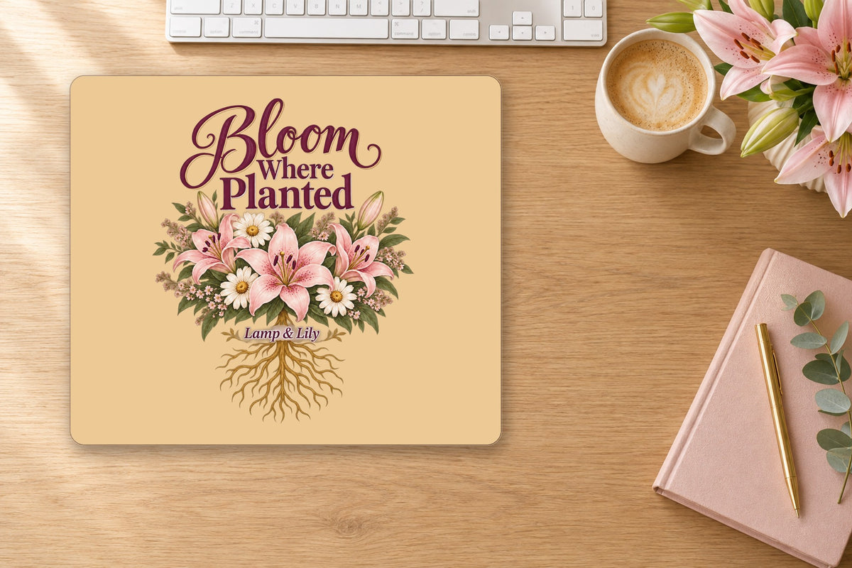 Bloom Where Planted mouse pad on a desk, gold, Lamp and Lily Day 25