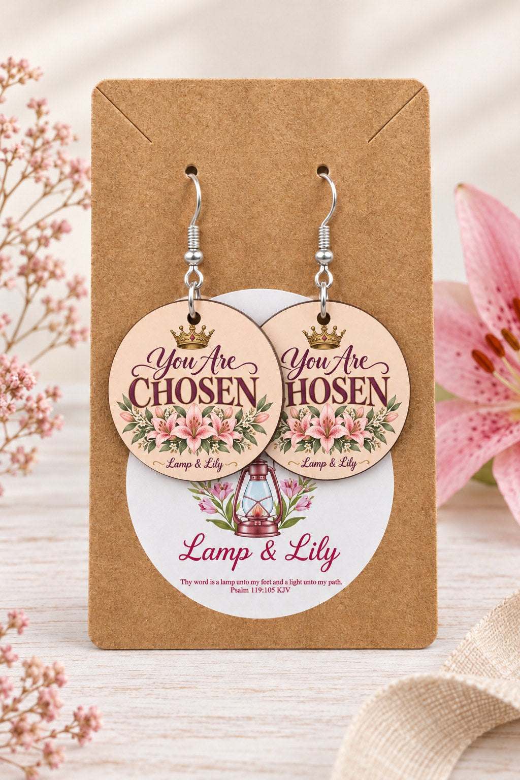 You Are Chosen round Lamp & Lily earrings on silver hooks displayed on a kraft earring card