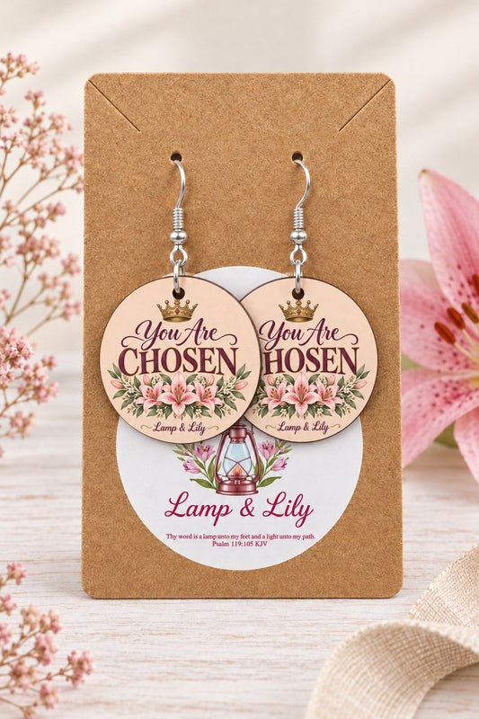 You Are Chosen round Lamp & Lily earrings on silver hooks displayed on a kraft earring card