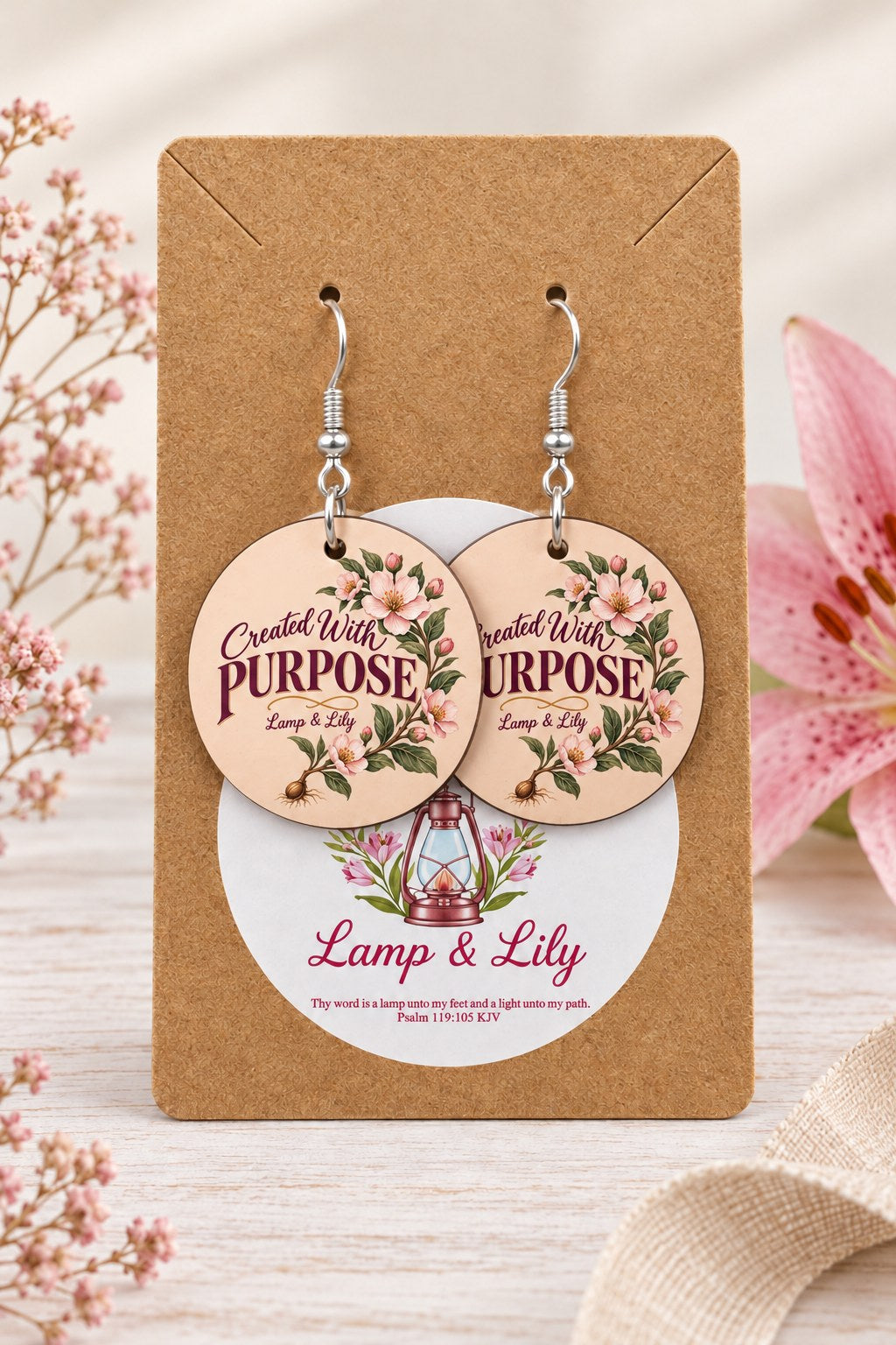 Created With Purpose round Lamp & Lily earrings on silver hooks displayed on a kraft earring card