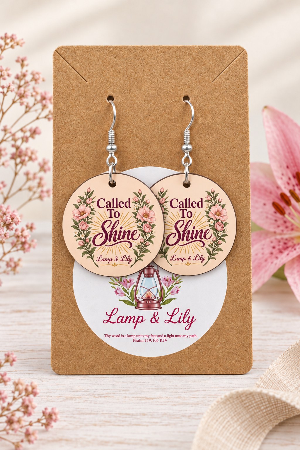 Called to Shine round Lamp & Lily earrings on silver hooks displayed on a kraft earring card